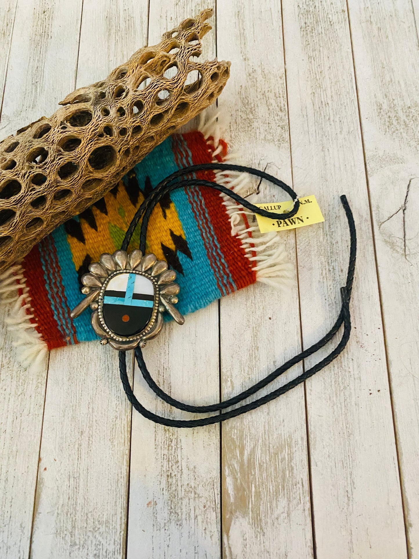 Vintage Handcrafted Sterling Silver & Multi Stone Inlay Bolo Tie