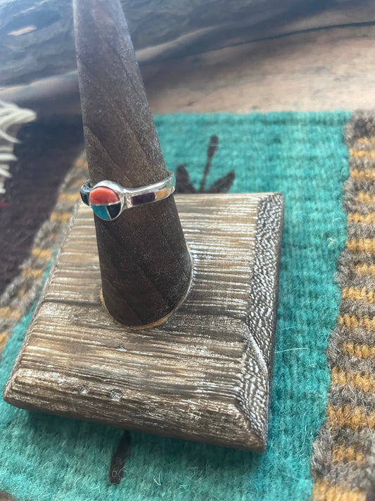 Handcrafted Sterling Silver & Multi Stone Inlay Ring Size 7.5