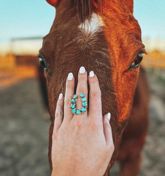 Handmade Horseshoe Sterling Silver & Natural Royston Turquoise Cluster Ring