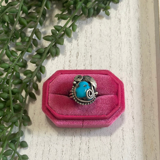 Handcrafted Turquoise & Sterling Silver Feather Ring Signed Size 8.75