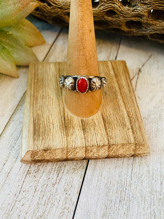 Handcrafted Coral and Sterling Silver Concho Band Ring