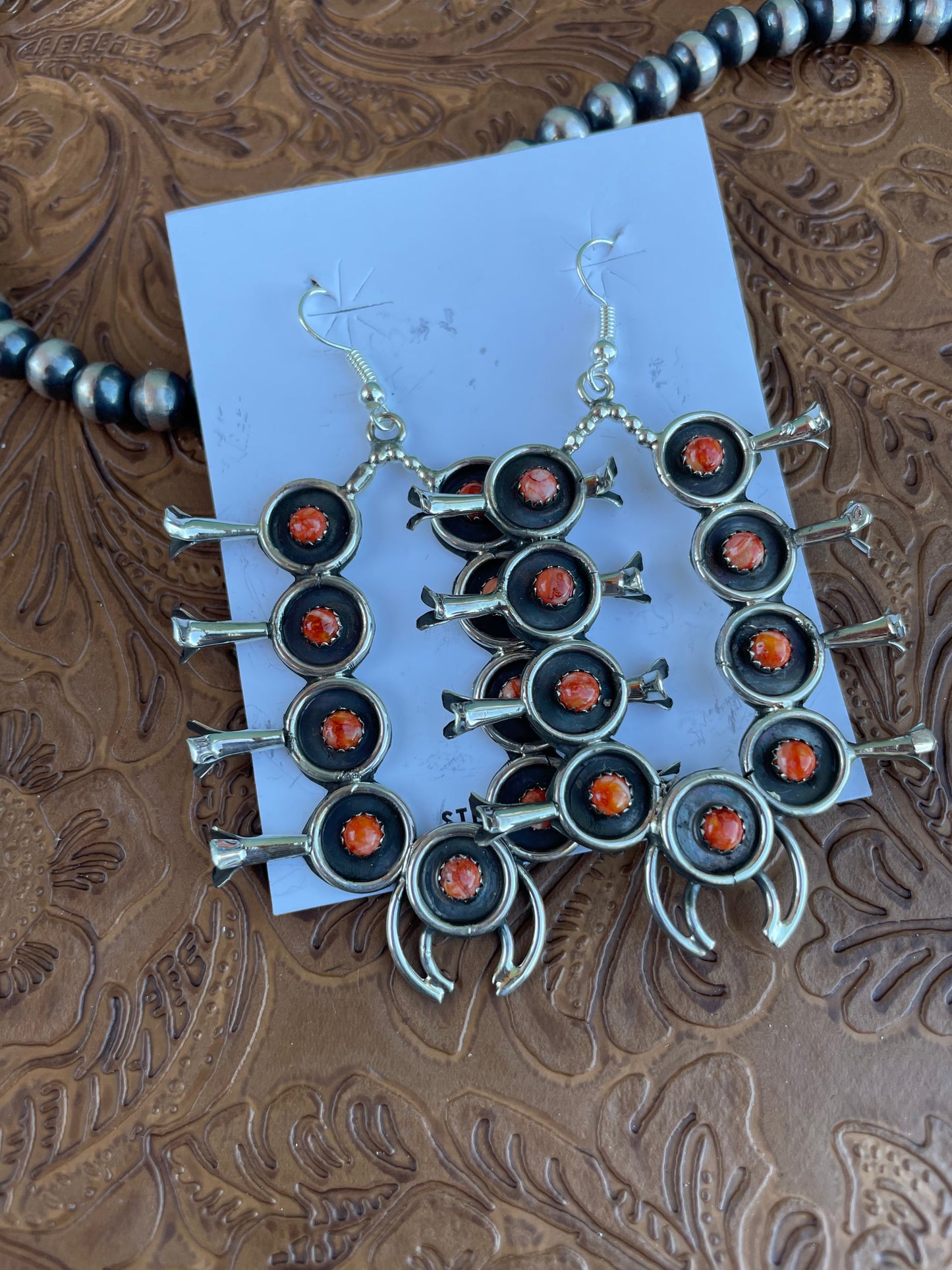 Handcrafted Orange Spiny and Sterling Silver Blossom Dangle Earrings