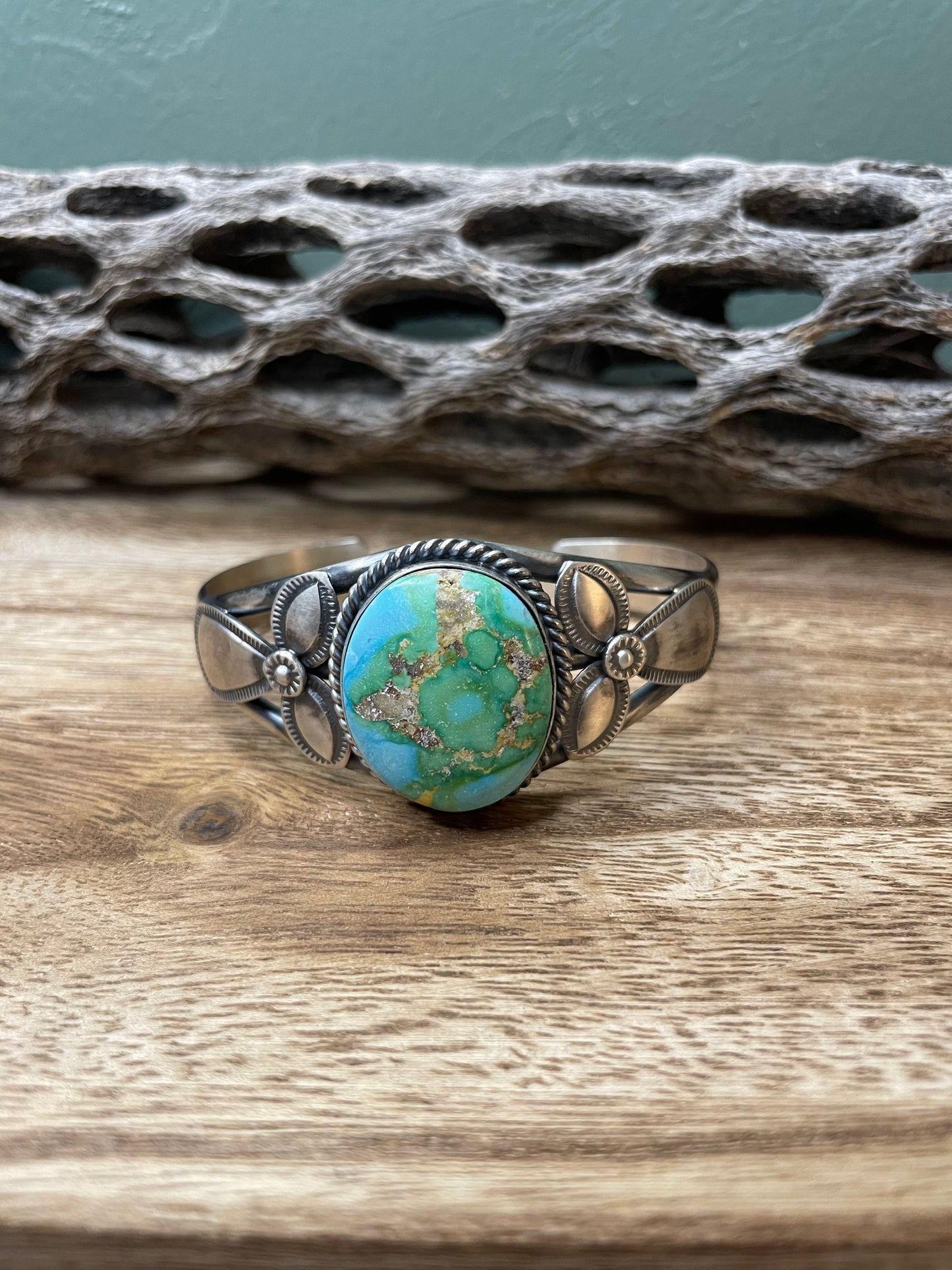 Handcrafted Turquoise And Sterling Silver Handmade Adjustable Cuff By M Spencer