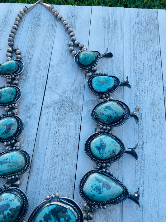 Handcrafted Vintage Turquoise & Sterling Silver Jumbo Squash Blossom Necklace