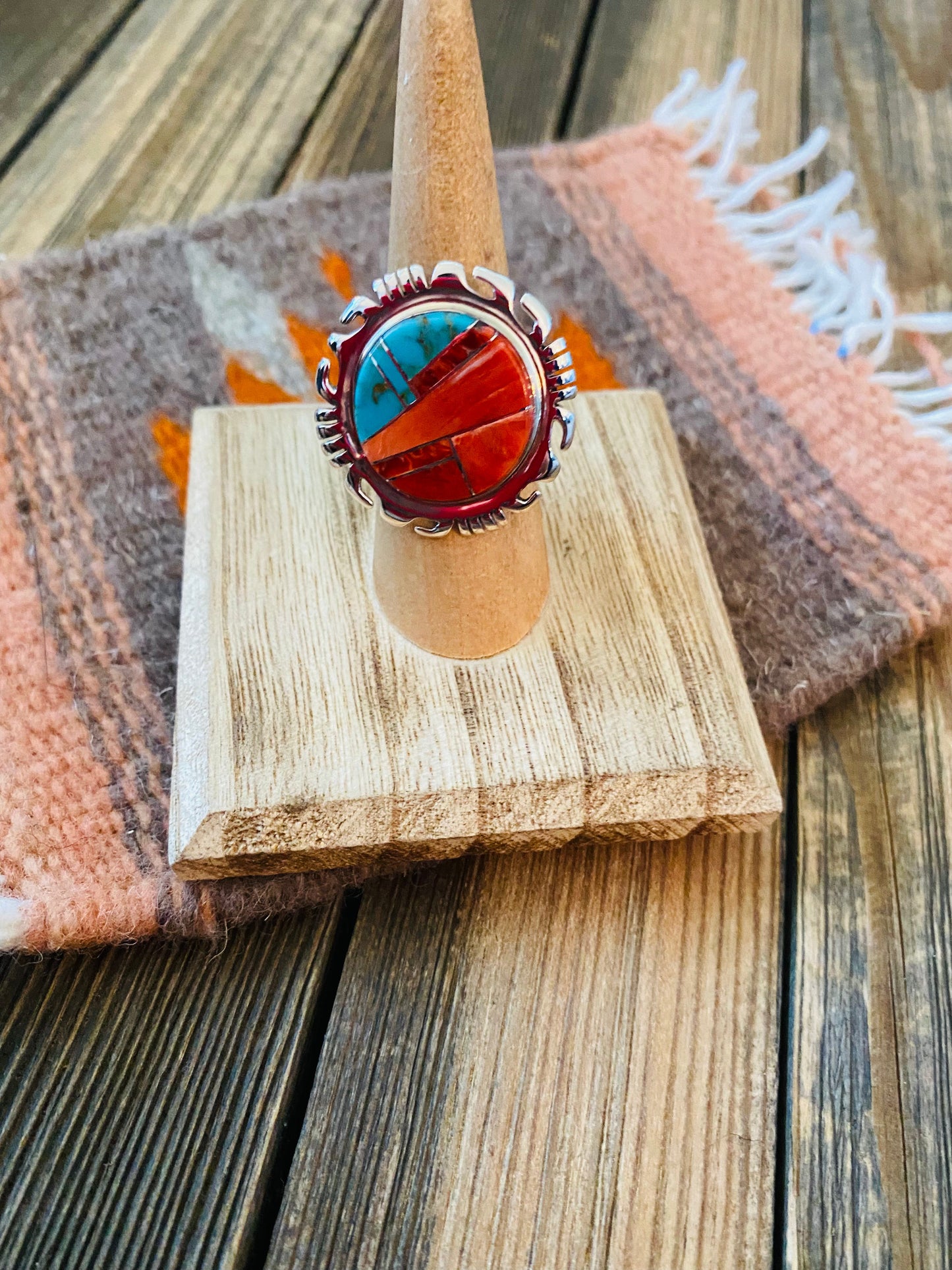 Handcrafted Sterling Silver, Orange Spiny & Turquoise Inlay Ring Size 6.5