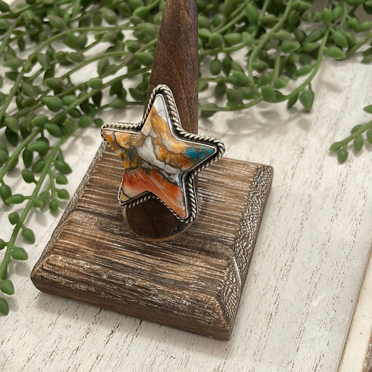 Handcrafted Orange Dream And Sterling Silver Star Adjustable Ring