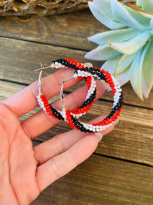 Handcrafted Handmade Beaded Hoop Earrings- red, black