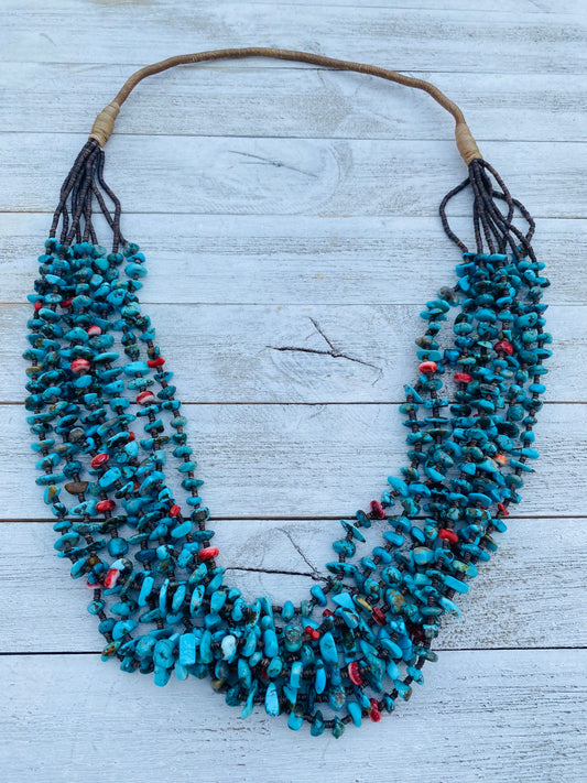 Handcrafted Turquoise, Spiny & Heishi Eight Strand Beaded Necklace