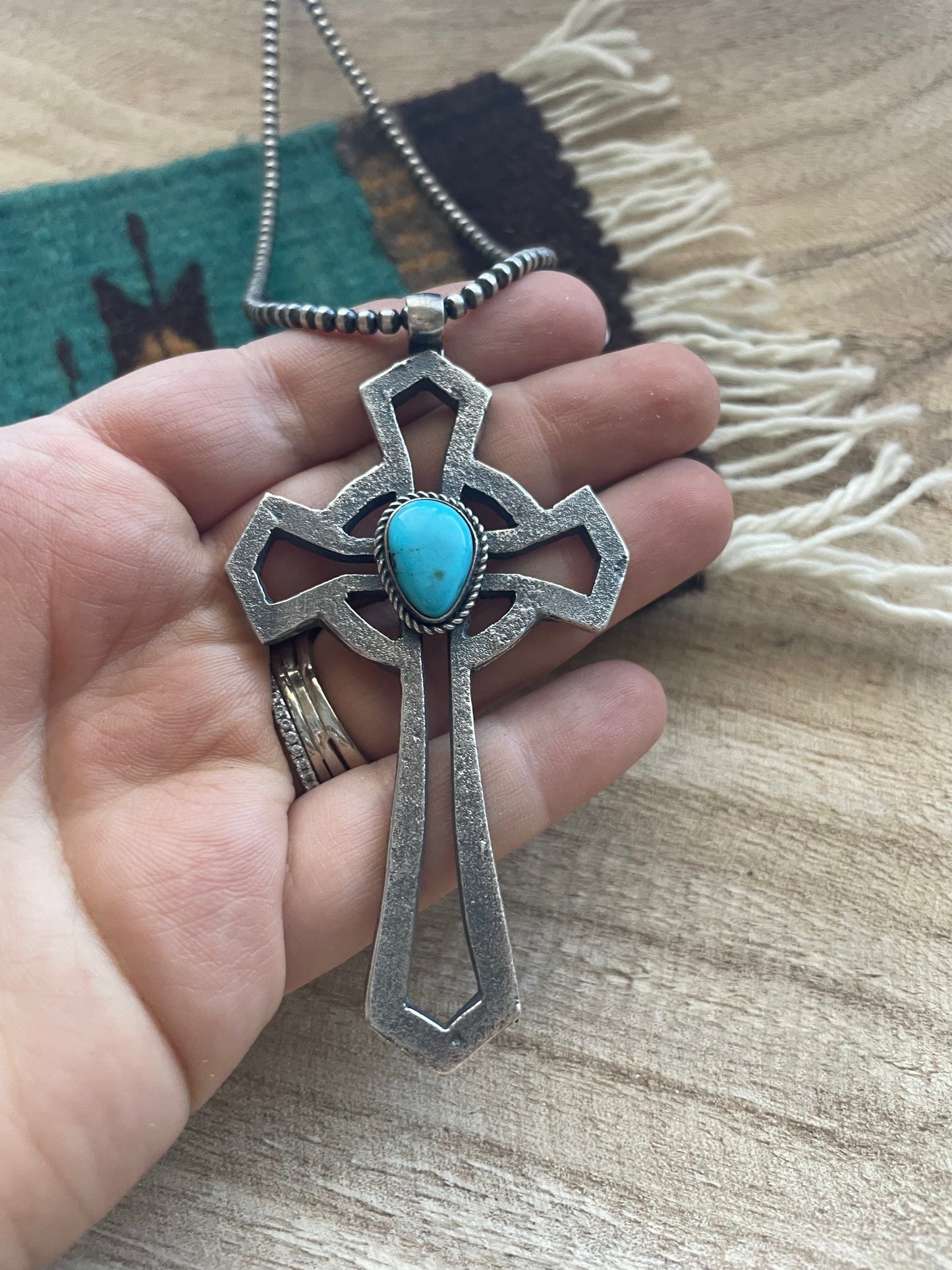 Handcrafted Sterling Silver & Turquoise Cross Pendant Signed Eugene Mitchell
