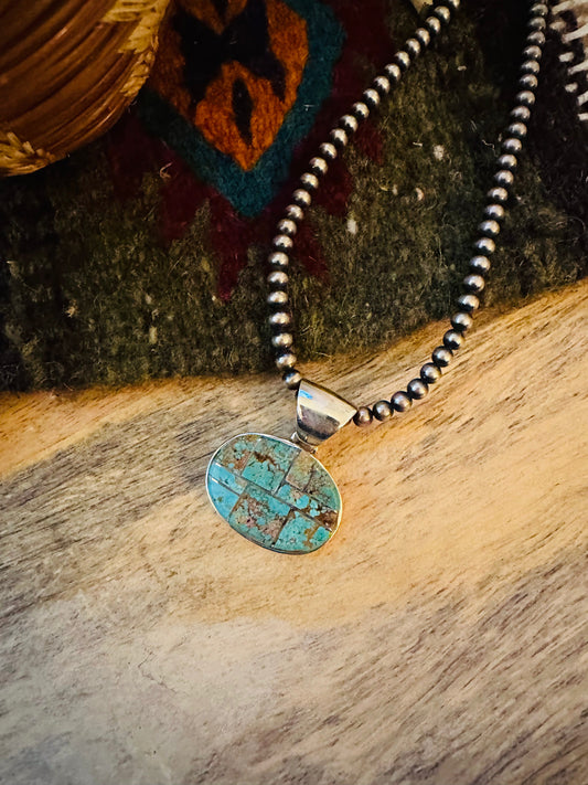 Handcrafted Number 8 Turquoise & Sterling Silver Inlay Pendant