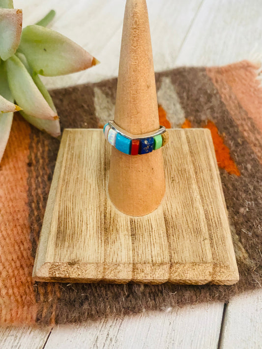 Handcrafted Sterling Silver & Multi Stone Inlay Band Ring Size 6.5