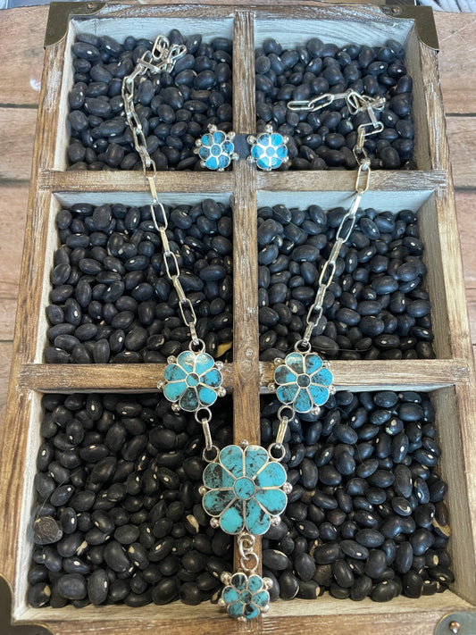 Handcrafted Sterling Silver & Turquoise Flower Necklace Earrings Set Signed