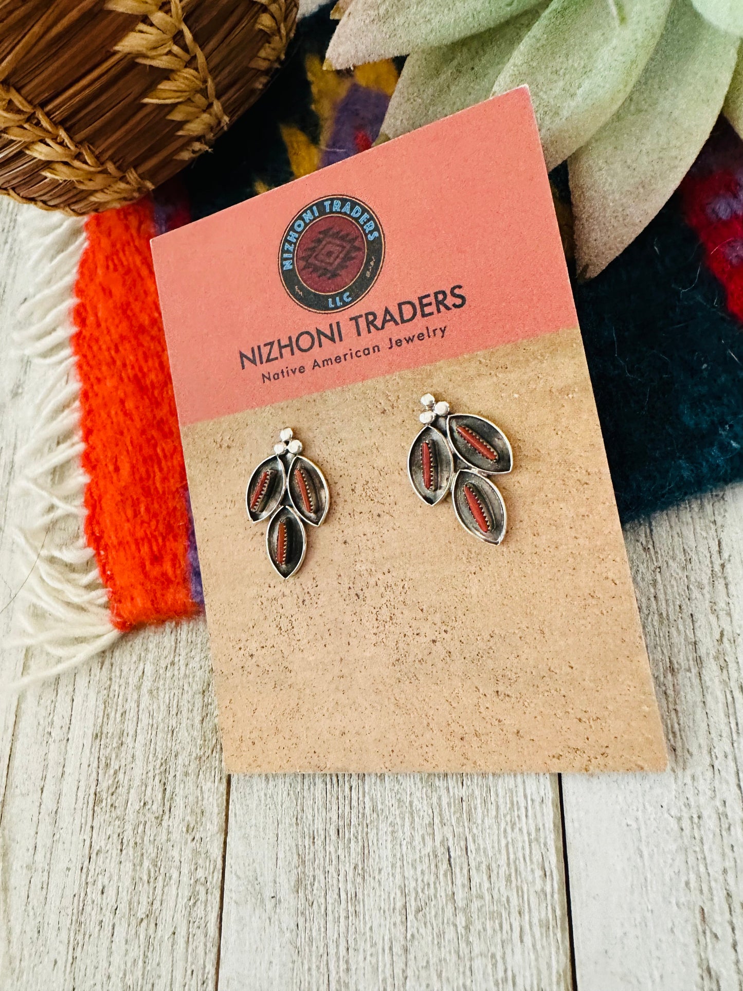 Zuni Coral & Sterling Silver Shadowbox Stud Earrings