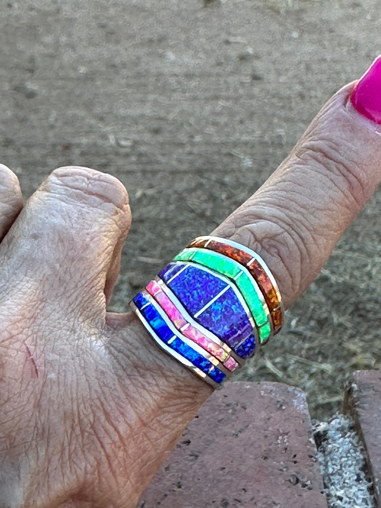 Zuni Sterling Silver Tri Color Opal Inlay  Stacker Ring