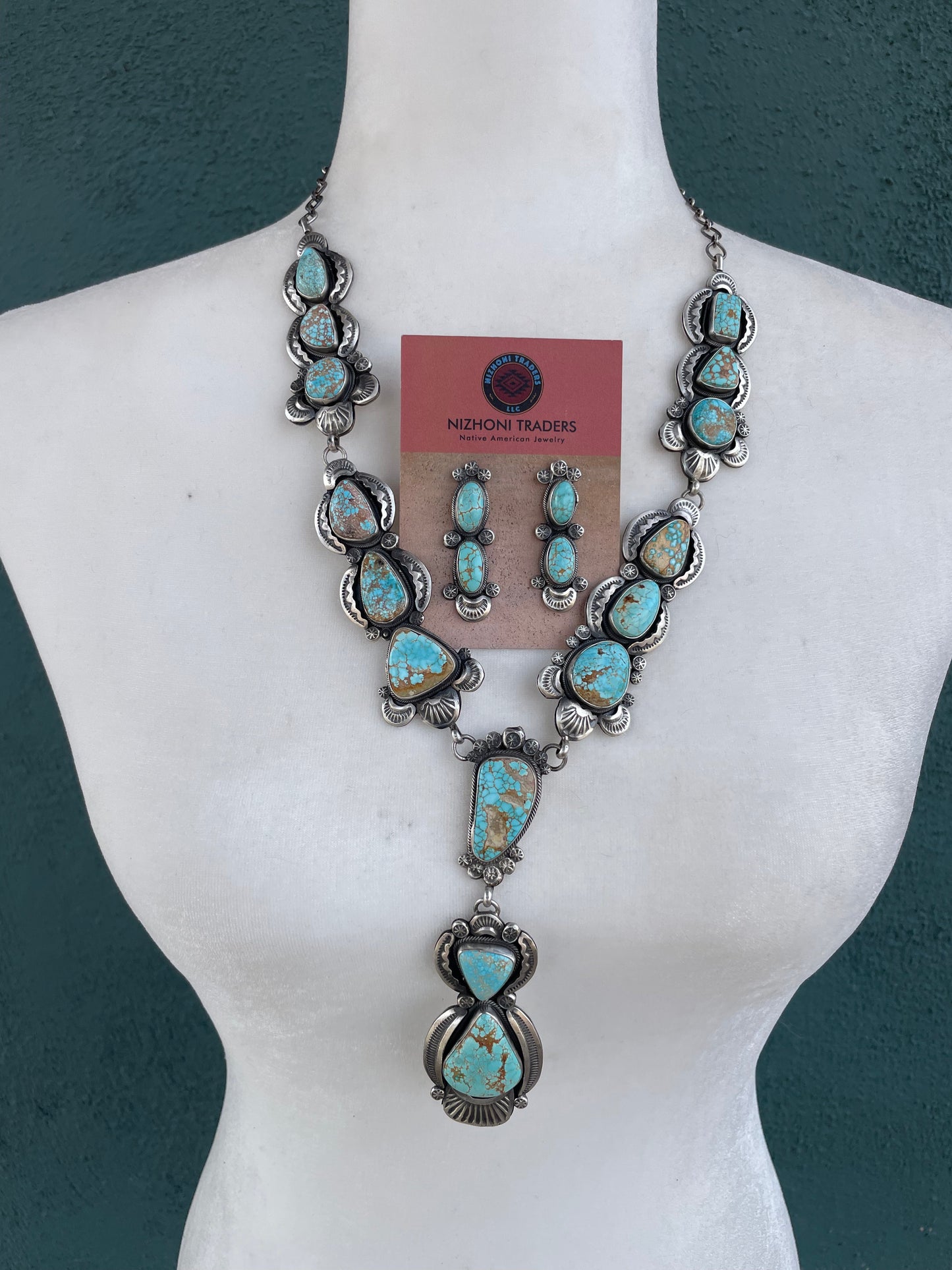 Navajo Sterling Silver & Number 8 Turquoise Necklace Earring Set Signed