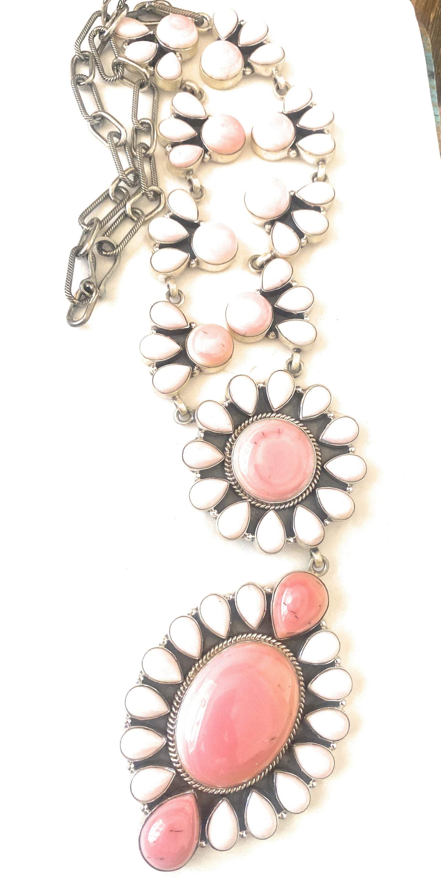 Handcrafted Queen Pink Conch Shell And Sterling Silver Cluster Necklace