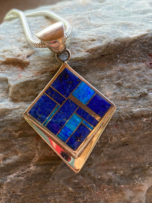 Navajo Lapis, Turquoise, Blue Opal Pointed Square Pendant