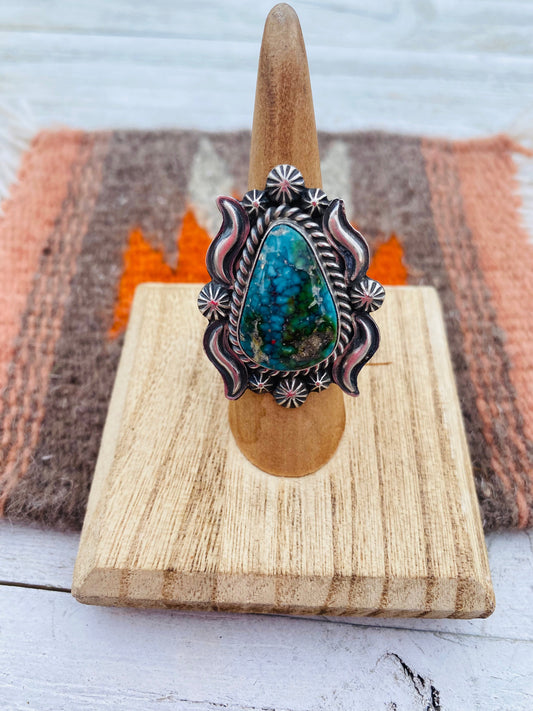 Handcrafted Kingman Web Turquoise & Sterling Silver Ring Size 6