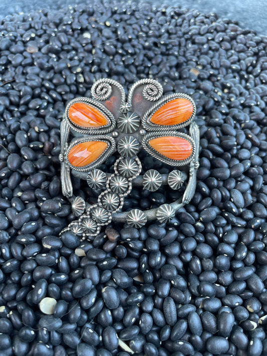 Handcrafted Sterling Silver And Orange Spiny Dragonfly Cuff Bracelet By K Billah