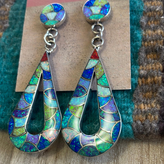 Handcrafted Multicolor Opal & Sterling Silver Inlay Dangle Earrings Signed