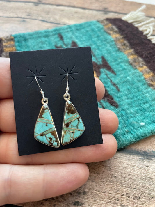 Handcrafted Number 8 Turquoise Inlay & Sterling Silver Dangle Earrings Signed