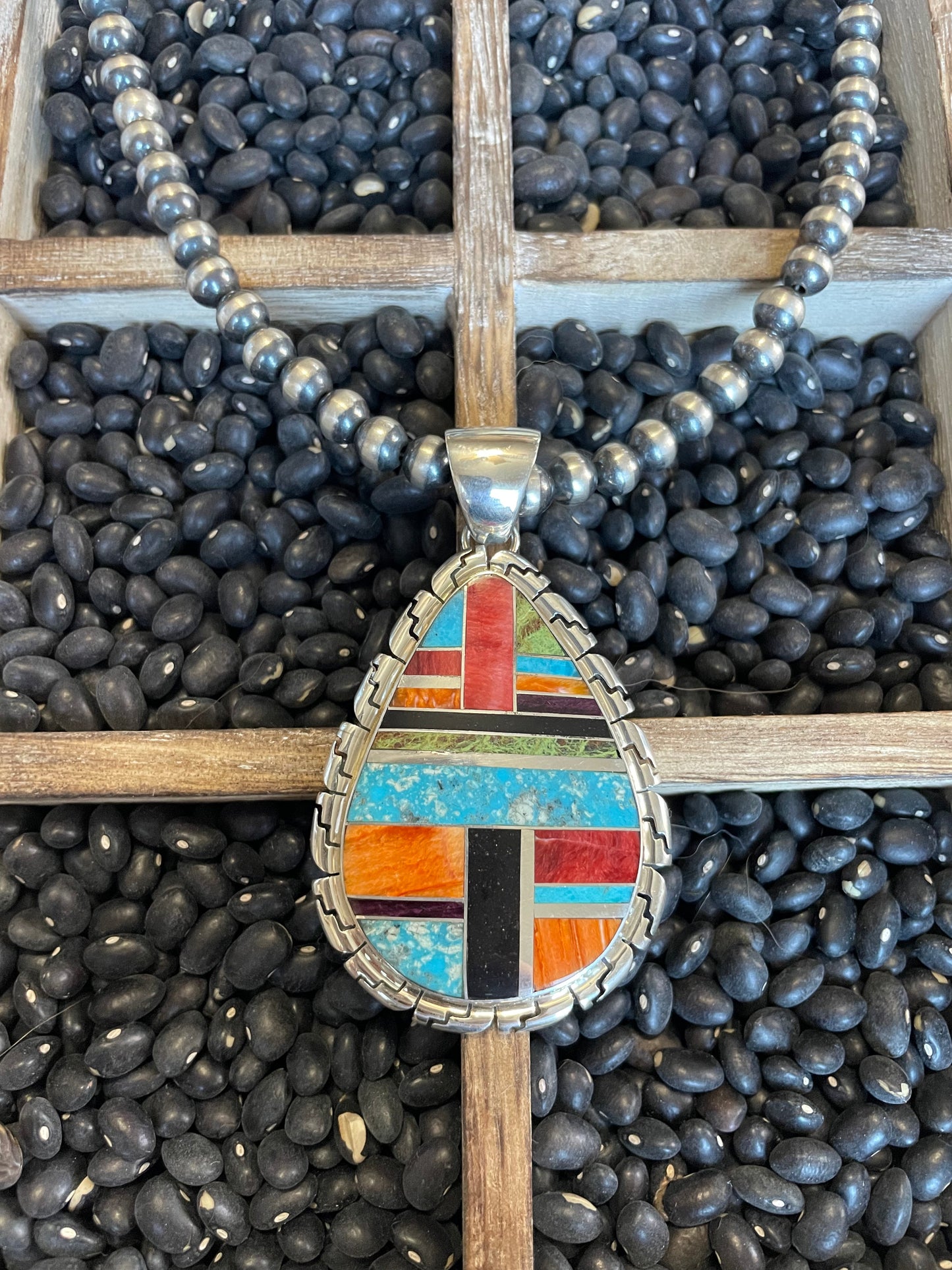Handcrafted Multi Stone Inlay & Sterling Silver Pendant Signed LK