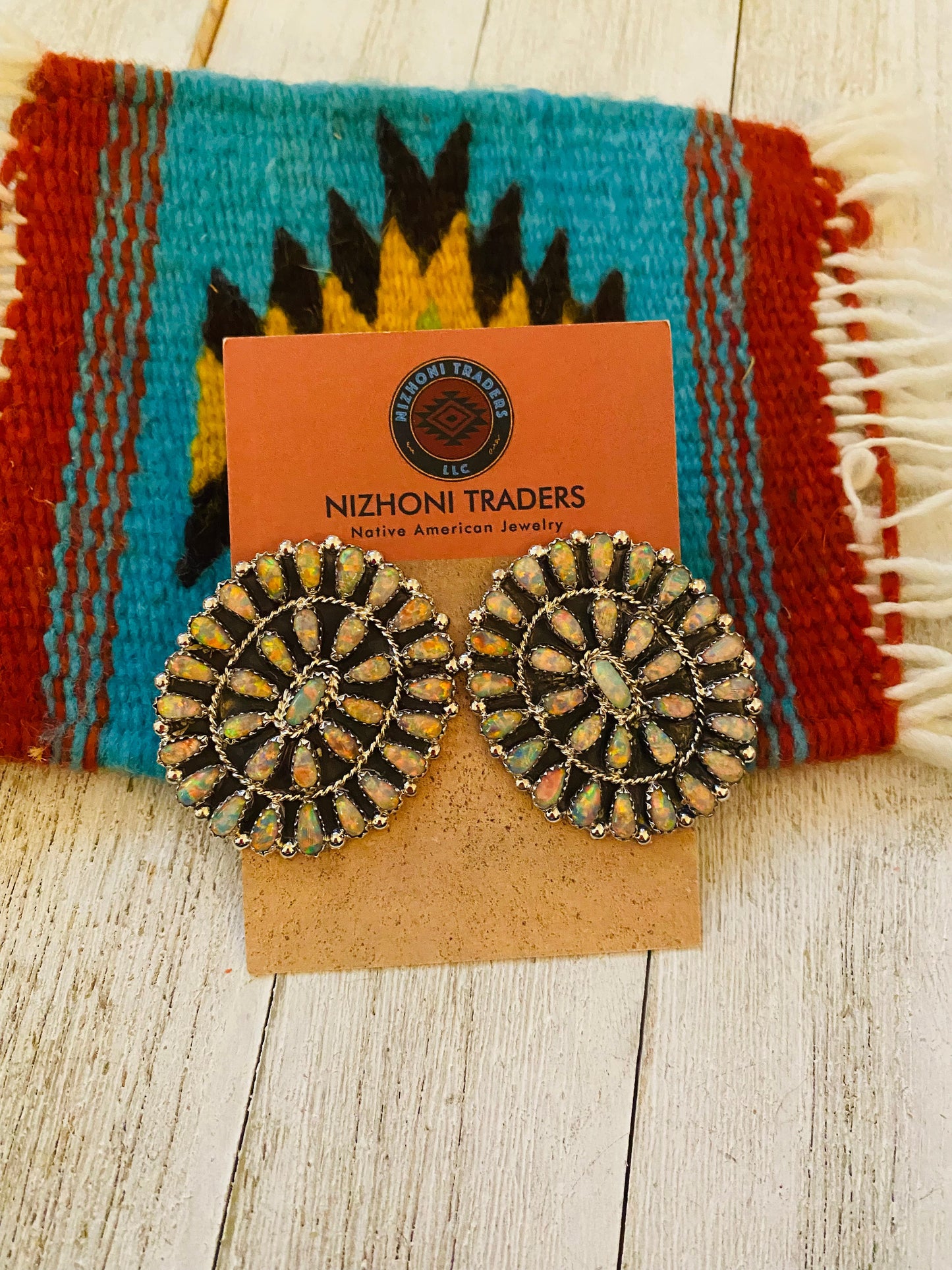 Navajo Sterling Silver & Opal Cluster Post Earrings Signed