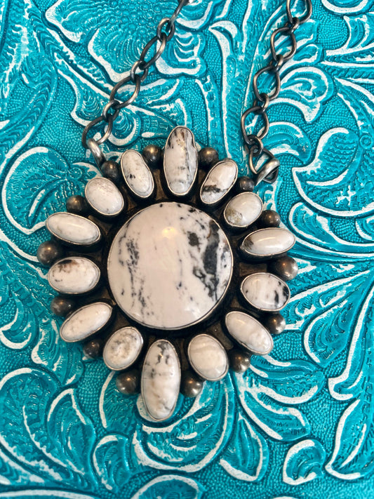 Handcrafted White Buffalo And Sterling Silver Cluster Necklace Signed & Stamped