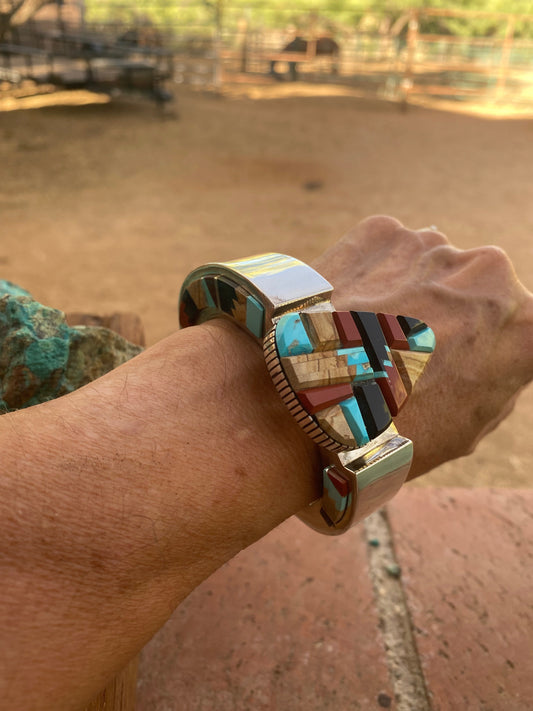 Handcrafted Multi Stone & Sterling Silver High Rise Inlay Cuff Bracelet by Melvin Francis /