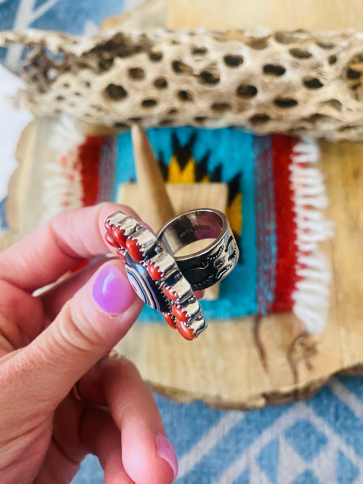 Handmade Sterling Silver, Fordite & Coral Cluster Adjustable Ring