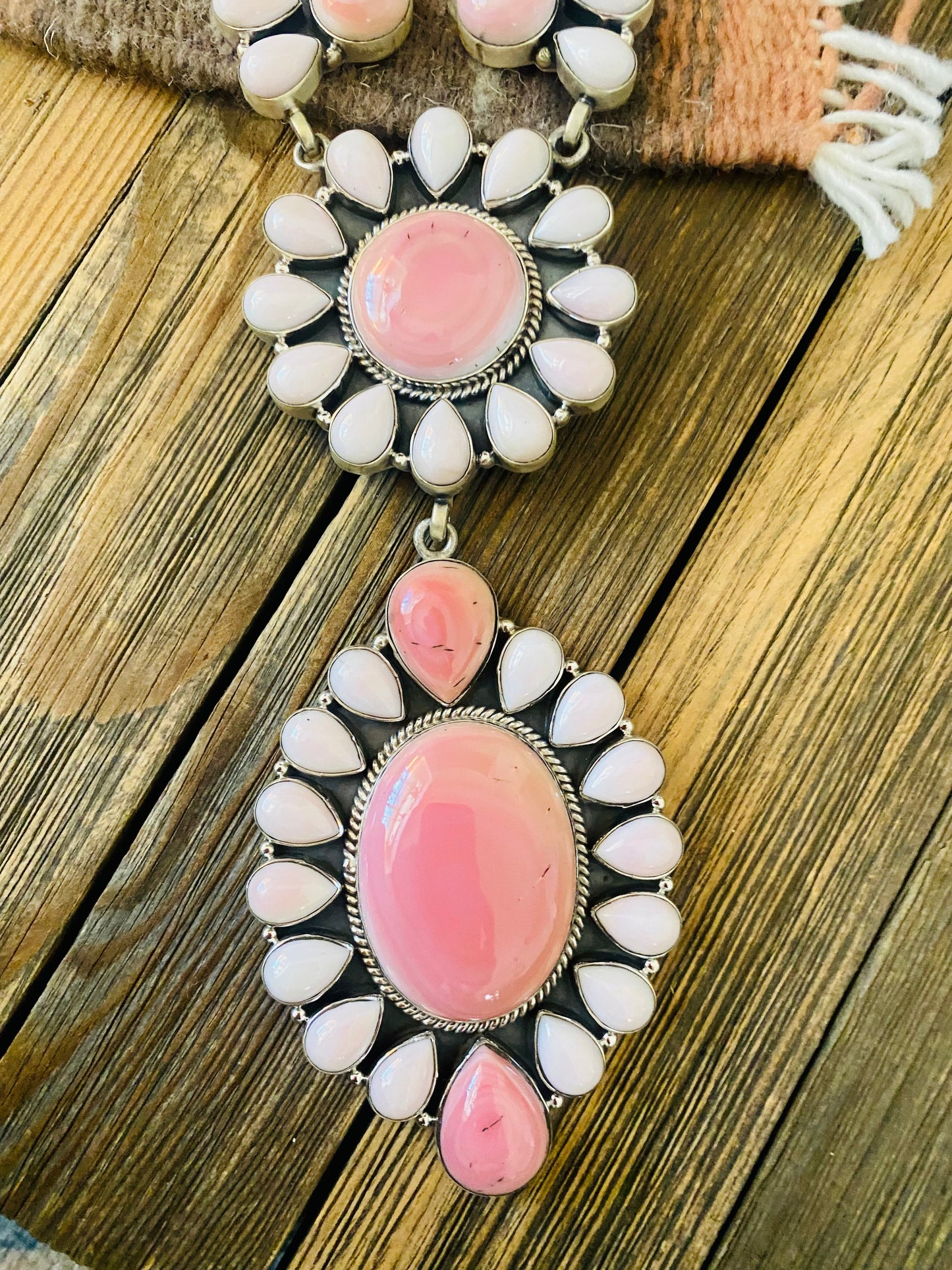 Handcrafted Queen Pink Conch Shell And Sterling Silver Cluster Necklace