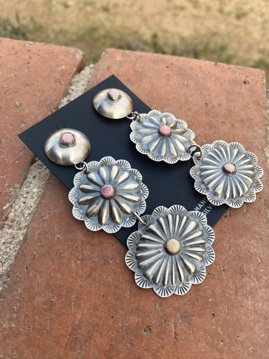 Navajo Concho Pink Conch and Sterling Silver Round Dangles