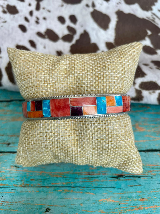 Handcrafted Turquoise & Spiny Inlay Sterling Silver Bangle