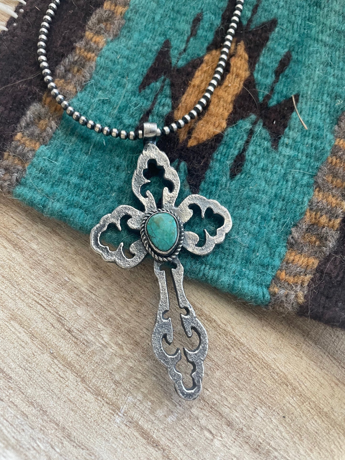 Handcrafted Sterling Silver & Turquoise Cross Pendant Signed Eugene Mitchell