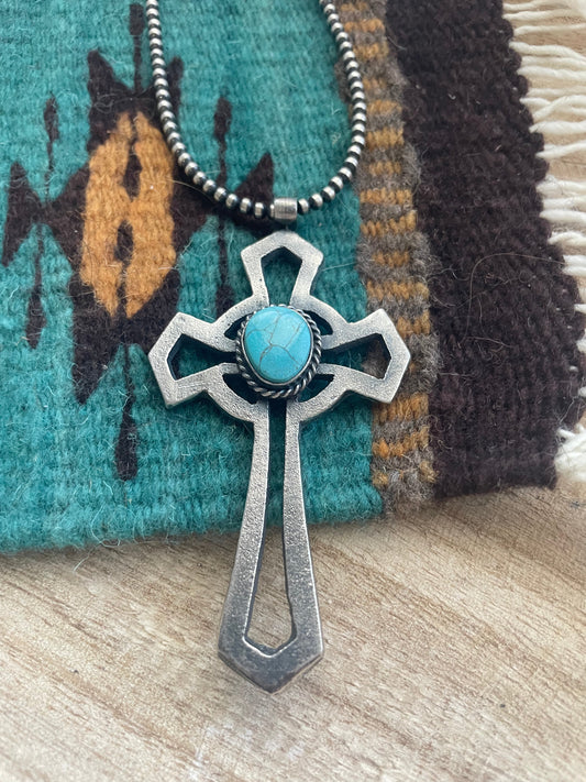 Handcrafted Sterling Silver & Turquoise Cross Pendant Signed Eugene Mitchell