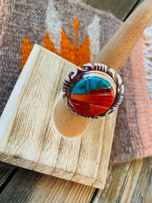 Handcrafted Sterling Silver, Orange Spiny & Turquoise Inlay Ring Size 6.5