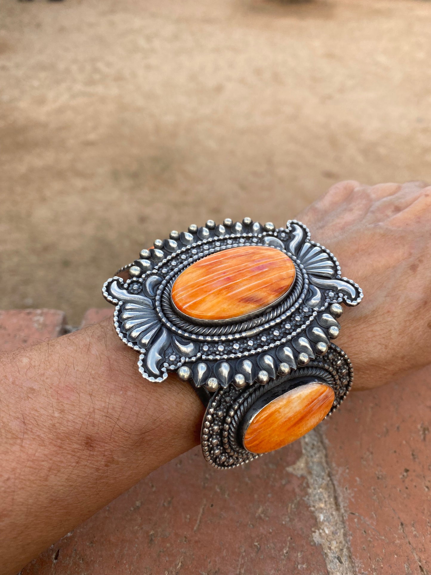 Beautiful Handcrafted Orange Spiny & Sterling Silver Cuff Bracelet Signed