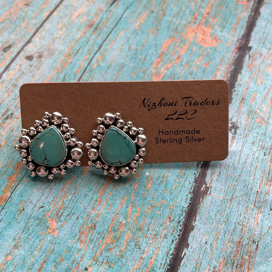 Handmade Turquoise and Sterling Silver Tear Drop or Oval Stud Earrings Signed Nizhoni