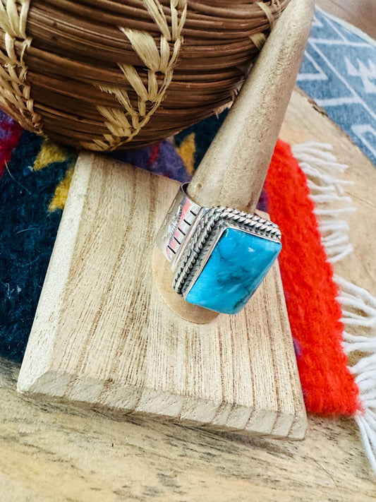 Handcrafted Sterling Silver & Kingman Turquoise Band Ring Signed