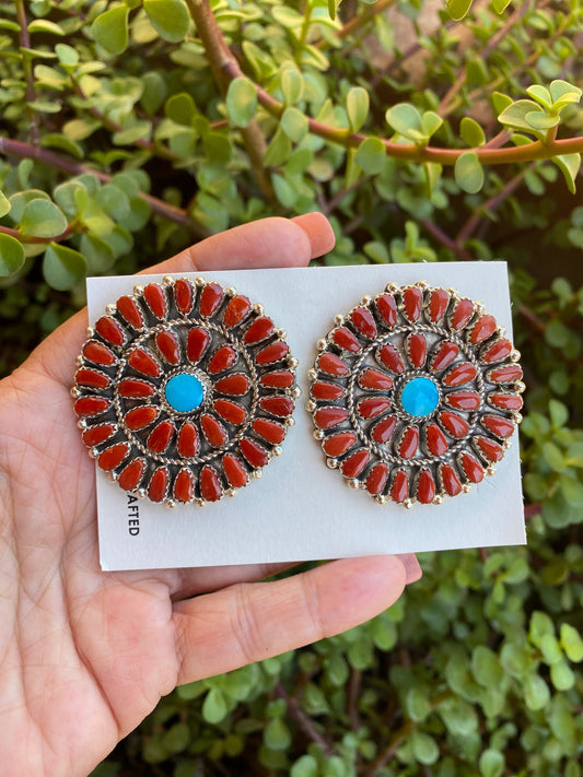 Handcrafted Natural Turquoise and Coral Cluster Post Earrings