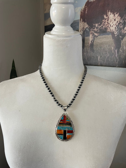Handcrafted Multi Stone Inlay & Sterling Silver Pendant Signed LK