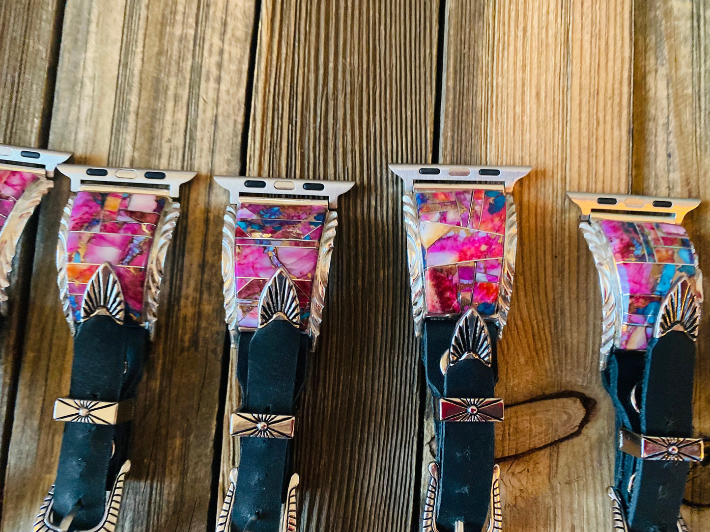 Handcrafted Pink Dream Mohave, Sterling Silver & Black Leather Smartphone Watch Band