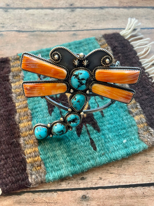 Handcrafted Kingman Turquoise, Spiny & Sterling Silver Dragonfly Cuff Bracelet Signed Kevin Billah