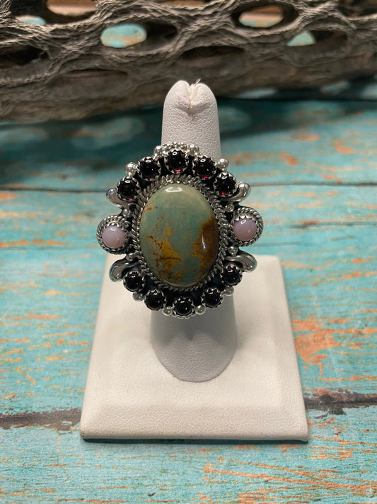 Handmade Royston Turquoise, Pink Opal, Red Opal Adjustable Oval Ring