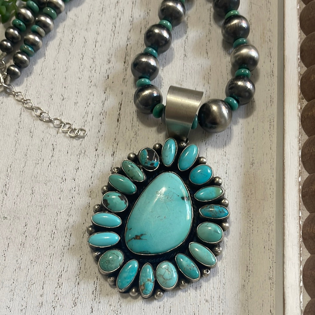 Beautiful Handcrafted Sterling Silver Beaded Turquoise Necklace With Pendant Signed Ella Peter