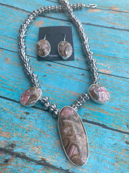 Handcrafted Rhodonite & Sterling Silver Beaded Necklace Set