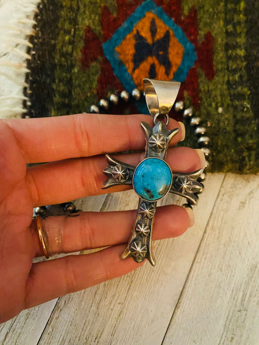 Handcrafted Sterling Silver & Turquoise Cross Pendant By Chimney Butte