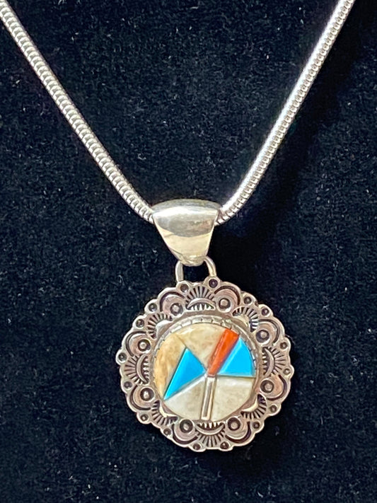 Handcrafted Turquoise, Coral & Mother of Pearl Pendant Necklace