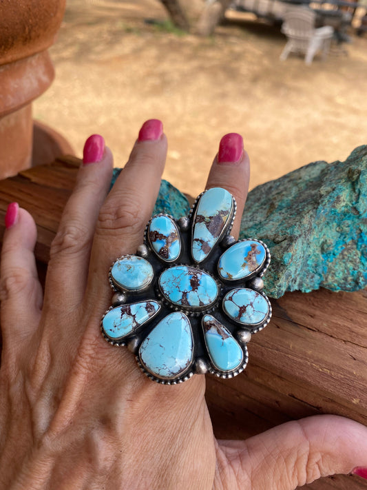 Handcrafted Golden Hills Turquoise & Sterling Silver Size  6.5 Signed Bobby Johnson