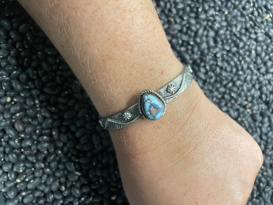 Handcrafted Golden Hills Turquoise & Sterling Silver Tufa Cast Cuff Bracelet Signed